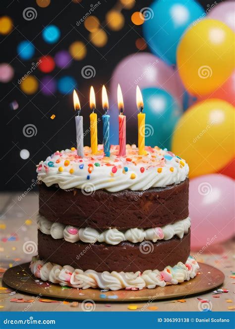 Photo Of Happy Birthday Cake With Candles Balloons And Confetti