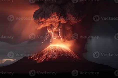 A big volcano erupts with a dark ash cloud in the sky with lightning