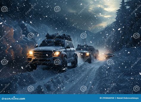 Snow Covered Cars on the Road in Snowfall in Winter Stock Photo - Image ...