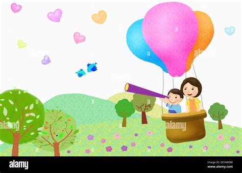 Illustration Of Mother And A Kid On Hot Air Balloon Stock Photo Alamy