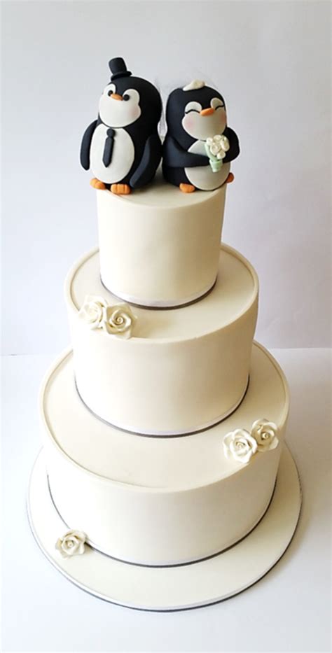 Wedding Cake With Hand Made Penguin Bride And Groom Toppers