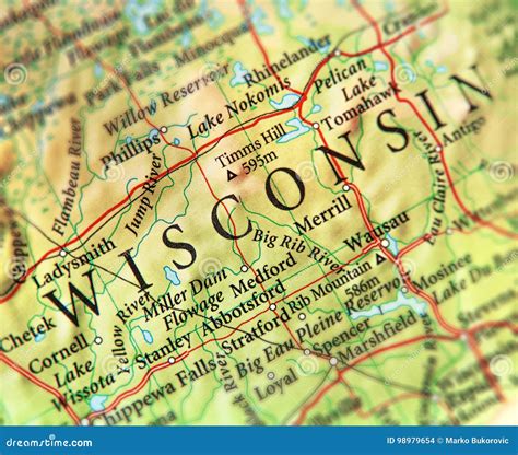 Geographic Map Of Us State Wisconsin With Important Cities Stock Photo