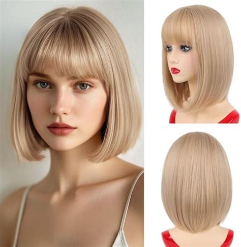 Amazon Getshow Blonde Bob Wigs For Women Synthetic Wig With Bangs Beauty Personal Care