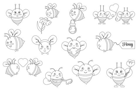 Premium Vector Collection Of Bees Outline Kawaii Character Bee With