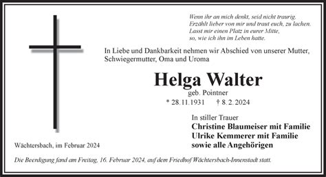 Traueranzeigen Von Helga Walter Trauer Gnz De