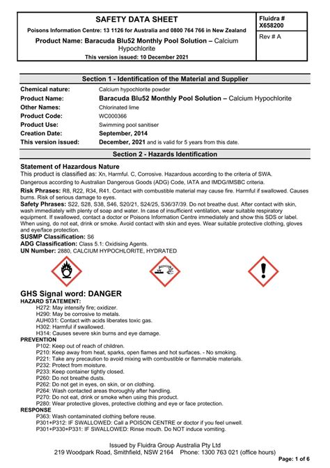 Baracuda Blu52 Chlorine Sanitiser Safety Data Sheet