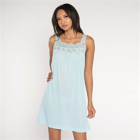 Baby Blue Nightgown S Lace Trim Slip Lingerie Floral Embroidered Mini Nightie Nylon Tent
