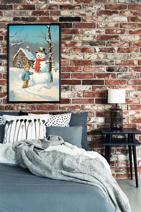 Young Boy With Snowman Vintage Winter Art Vintage Christmas Decor