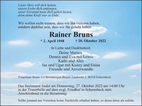 Traueranzeigen Von Rainer Bruns Trauer In NRW De