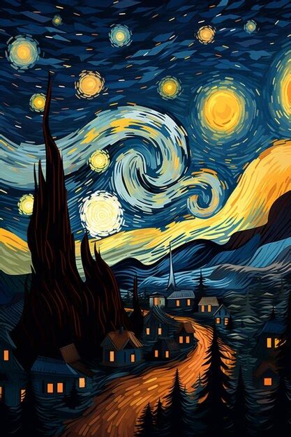 Premium Photo | Starry night painting of a town with a river and a mountain generative ai