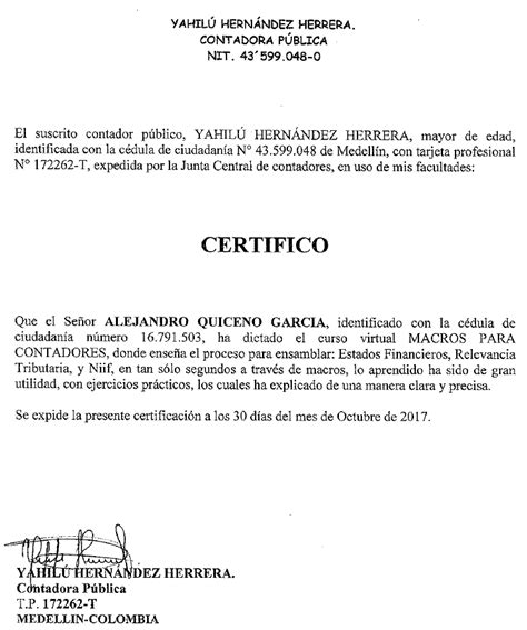 Certificación Contadora Publica Doctora Yahilú Hernandez Macros Para Contadores