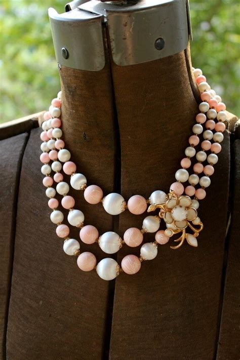 Vintage Pearl Necklace Multi Strand Necklace Pink By Belmonili