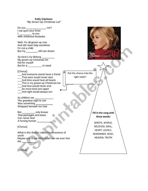 Kelly Clarkson - My Grown Up Christmas List - ESL worksheet by teachermarko