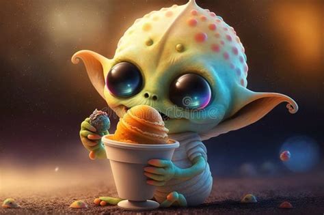 Alien Sweet Tooth: a 3D Baby Alien Enjoying an Ice Cream Stock ...