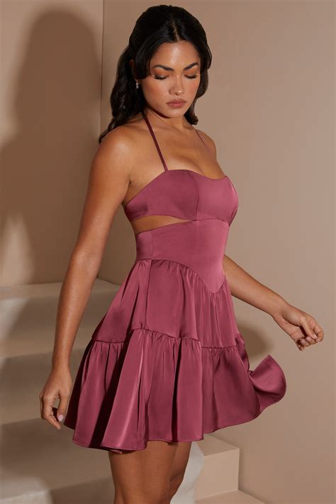 Fleur Halter Neck Cut Out Mini Dress In Dark Mauve Oh Polly