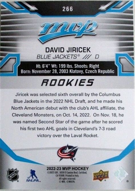 DAVID JIRICEK 2022 23 Upper Deck MVP Rookie Redemption 266 RC