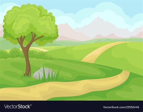 Scenery With Tree Ground Road And Green Meadows Vector Image