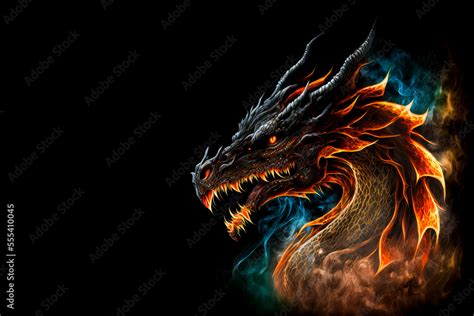 Fire dragon head on a black background. Generative AI Illistration of ancient red dragon on ...