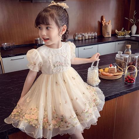 Girls Summer Dress2021new Childrens Fashionable Embroidery Mesh Puff