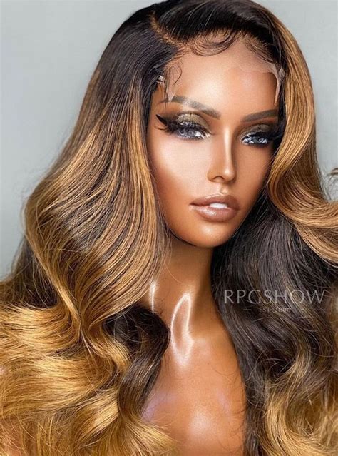 Side Part Wavy Brown And Blonde Highlights Lace Front Wigs