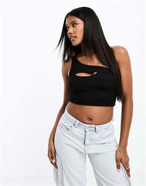 Asos Design One Shoulder Cut Out Crop Top In Black Asos