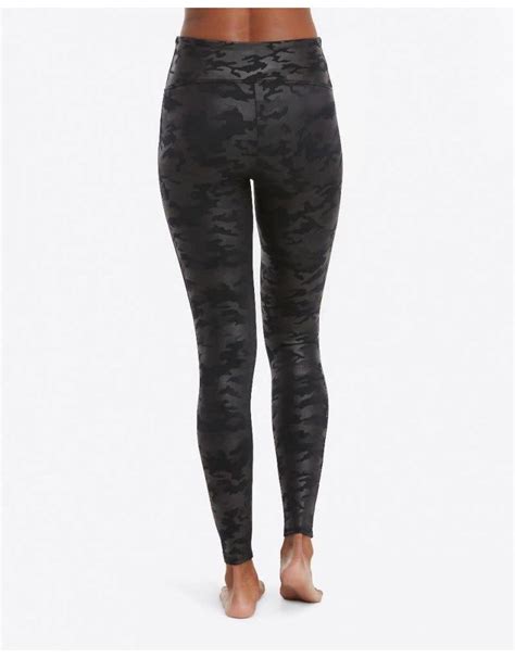 Spanx Faux Leather Matte Black Camo Leggins Rhinestone Angel