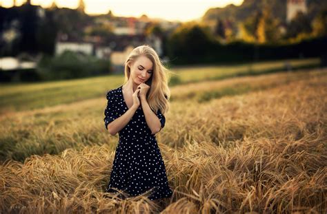 Women Blonde Field Closed Eyes Smiling Black Dress Depth Of Field