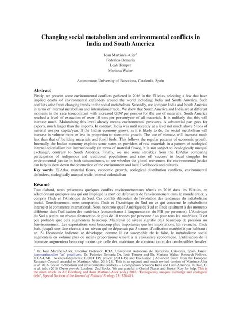 Pdf Changing Social Metabolism And Environmental Conflicts In India