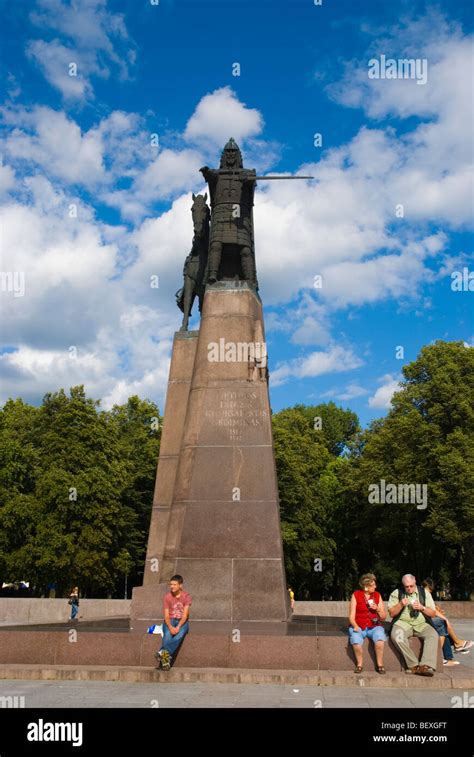 People At Equestrian Statue Of Gediminas At Katedros Aikste Square In