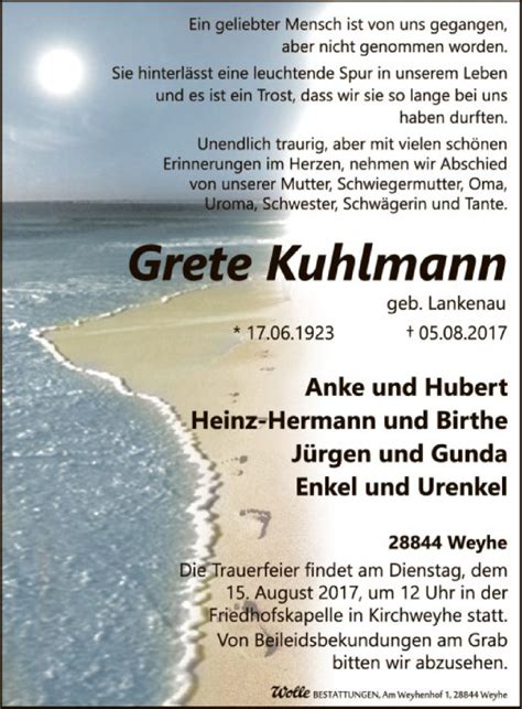 Traueranzeigen Von Grete Kuhlmann Trauer Kreiszeitung De