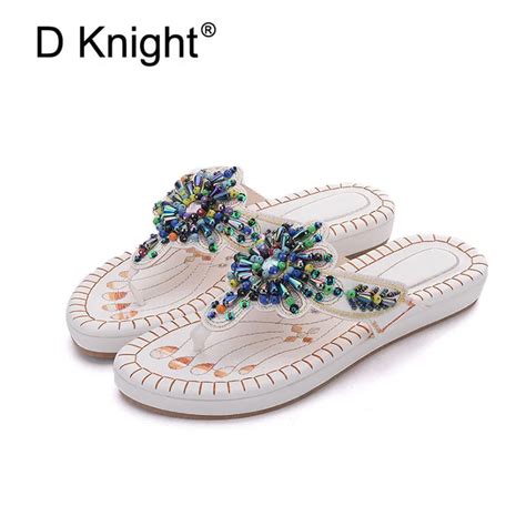 Fashion Ethnic Embroidery String Beaded Flat Slippers Comfortable Soft