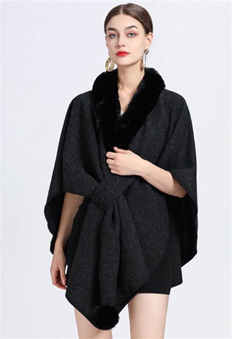 Faux Fur Collar Reversible Poncho In Black Retro Indie And Unique Fashion