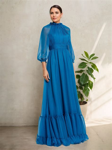 Orchid High Neck Mother of the Bride Dress with Illusion 3/4 Sleeves