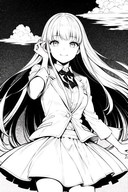 Premium Ai Image A Black And White Manga Style Picture Of A Girl With Long Hair And A Skirt