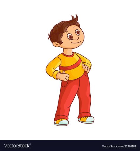 Smiling little boy with brown hair stands Vector Image