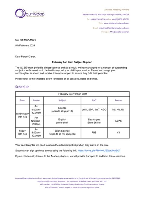 Year 11 Intervention Letter Outwood Academy Portland