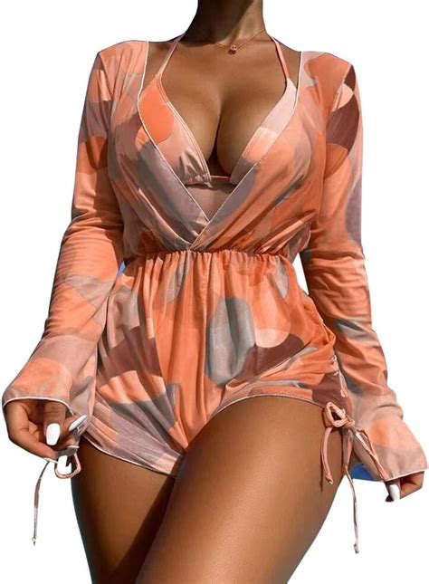 Amazon Odasdo Women S Sexy Piece Swimsuits Halter Triangle Bikini Sets With Long Sleeve