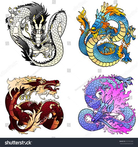 Set Four Asian East Dragons Different Stock Vector 572707282 Shutterstock