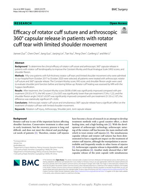 Pdf Efficacy Of Rotator Cuff Suture And Arthroscopic 360° Capsular Release In Patients With