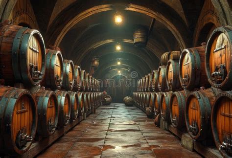 Wine Barrels Stacked In The Old Cellar Of The Winery Stock Image