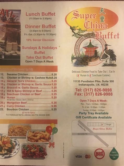 Menu At Super China Buffet Restaurant Indianapolis Pendleton Pike