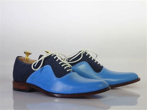 Handmade Men Blue Leather And Suede Lace Up Shoes Men Dress Formal Desi Theleathersouq