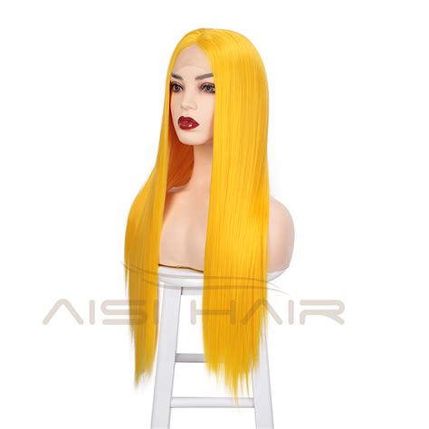 Aisi Hair 26 Inch Long Silky Straight Yellow Wig Cosplay Swiss Lace Wig