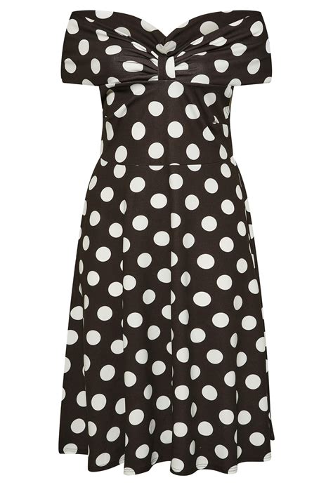 Yours London Plus Size Black Polkadot Bow Bardot Skater Dress Yours Clothing