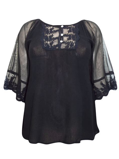 Marianne Marianne Black Embroidered Sheer Sleeve Top Size 16 To