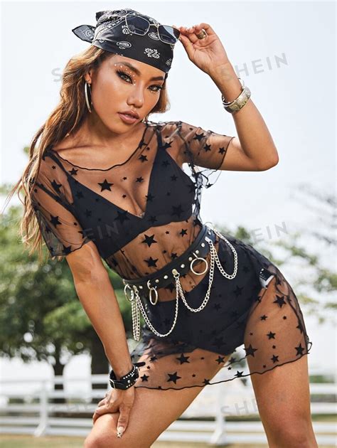 Shein Icon Rave Allover Star Print Mesh Sheer Dress Without Lingerie