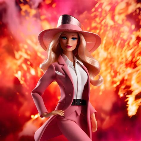 Premium AI Image Cute Blonde Barbie Wearing Pink Outfit And Hat Against Blurred Flames Of Fire