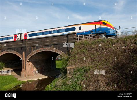 Class 222 Meridian Train In East Midlands Trains Livery Crossing A Bridge On The Midland