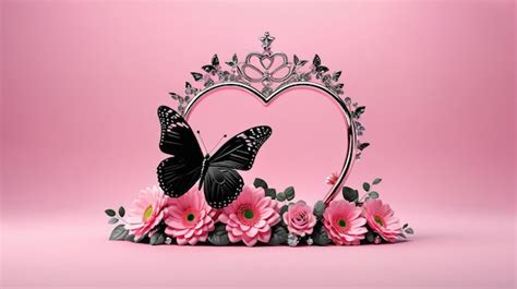 Premium Photo Heart Shaped Frame With Pink Flowers And Butterflies