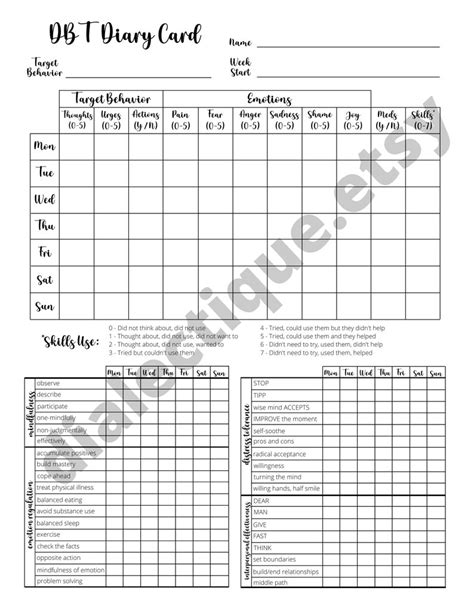 Dbt Diary Card Skills Tracking Therapy Worksheet Etsy